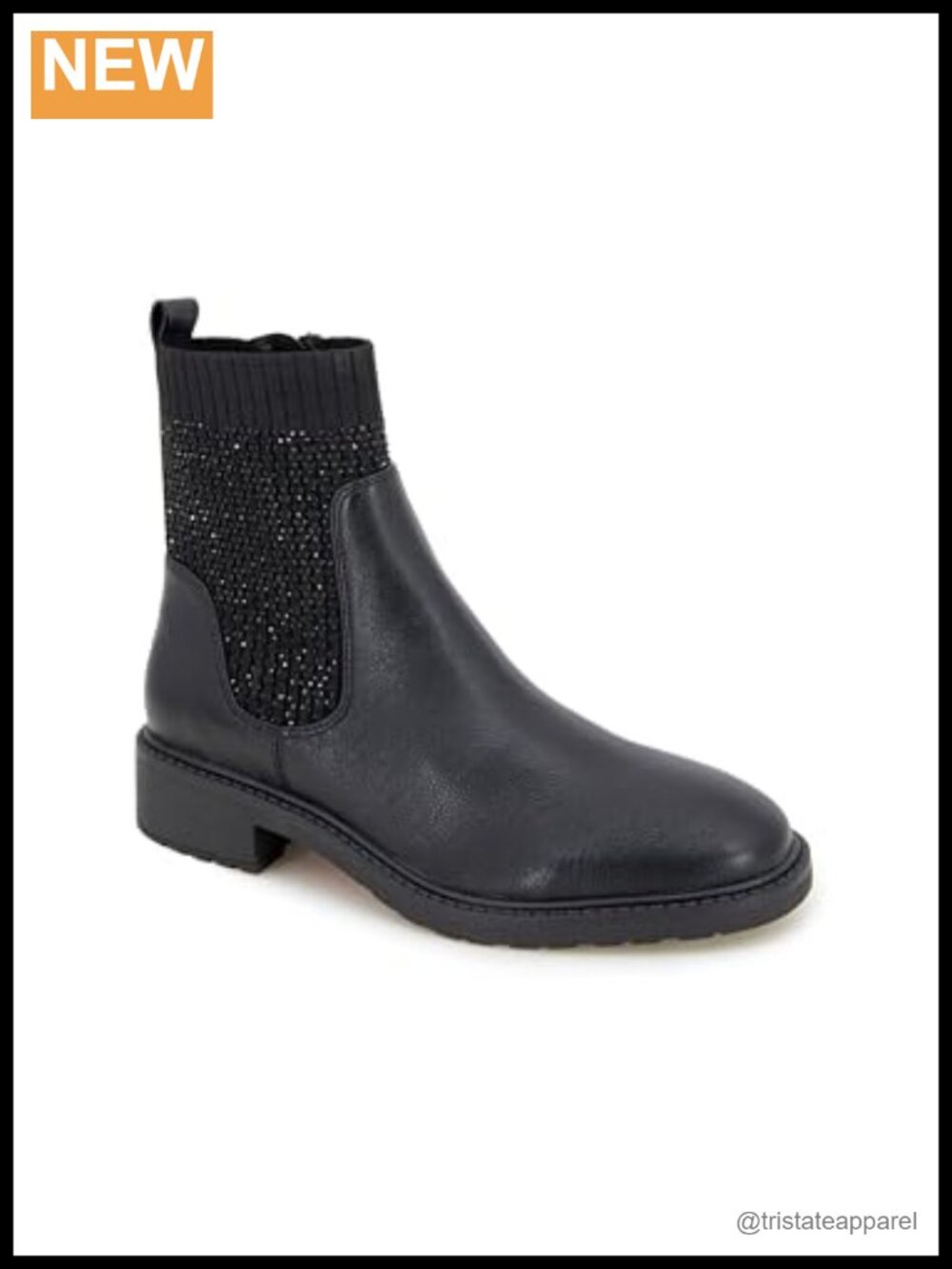 Faux Leather Chelsea Ankle Bootie with Jewel Detail and Comfort Insole